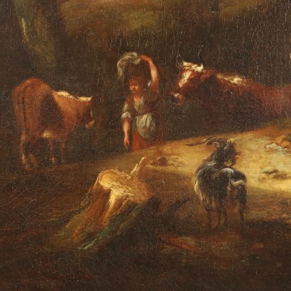 Painting Landscape with Figures and Herds Oil on Canvas XVIII Century