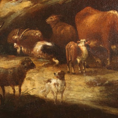 Antikes Gemälde Landschaft mit Ruinen Öl auf Leinwand des XVIII Jhs