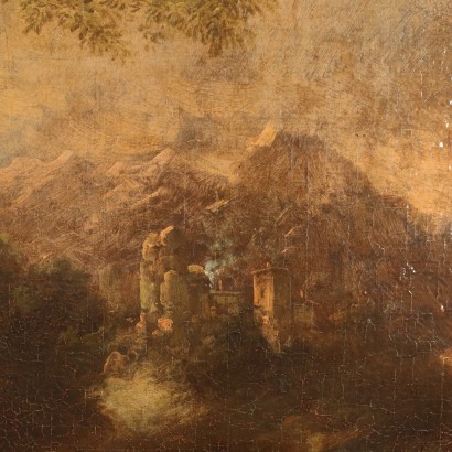 Painting Landscape with Figures and Herds Oil on Canvas XVIII Century