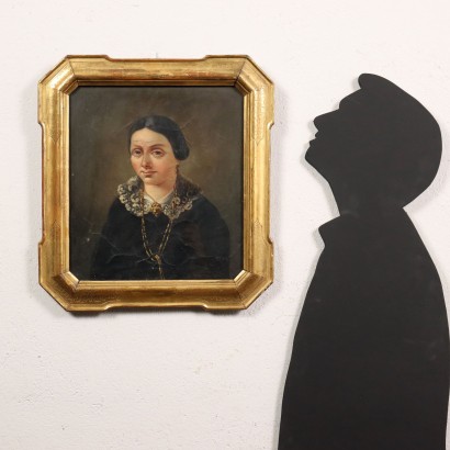 Antikes Gemälde Frauenportrait Öl auf Karton Zeitgenössischer Rahmen