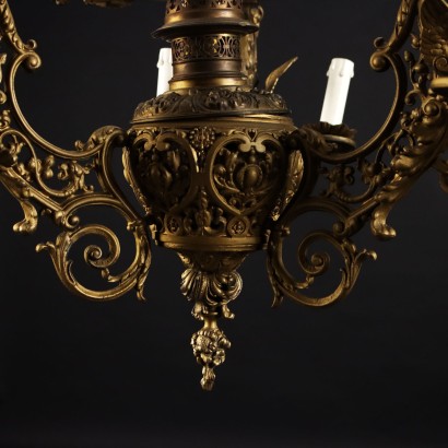 Lustre Ancien Art Nouveau Bronze Doré Italie \'900 10 Lumières Verre