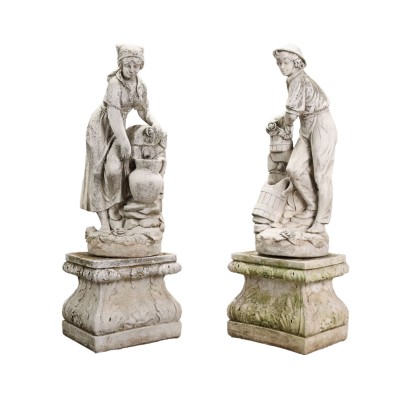 Sculptures Anciennes Paysans '900 Grès Ameublement de Jardin