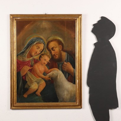 Tableau Ancien La Sainte Famille Huile sur Toile Cadre en Style \'800
