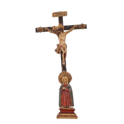 Crucifix Ancien Europe '700 Bois Gravé Laqué Multicouleur