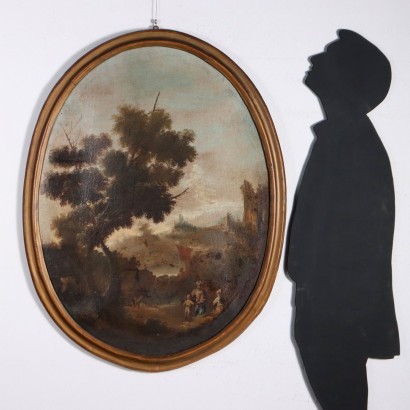 Ovales Gemälde mit Landschaft und Figuren,Landschaft mit Figuren,Ovales Gemälde mit Landschaft und Figuren