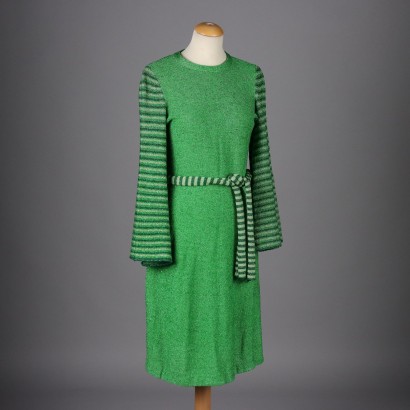 Robe Vintage des Années 70 Taille S/M Coton Vert Lurex Fil d'Argent