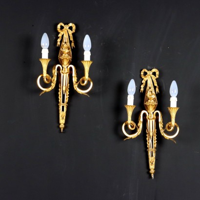 Ancient 2 Lights Wall Lamps Neoclassical Style '900 Gilded Bronze