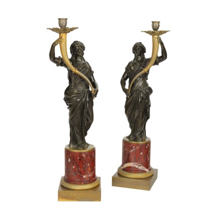 Pair of Torches in Bronze and Rouge Griotte Marble