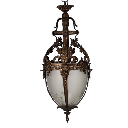 Lanterne Ancienne en Style Art Nouveau Début du '900 Verre Bronze