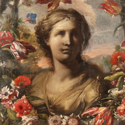 Painted with female bust with garland,Female bust surrounded by garland