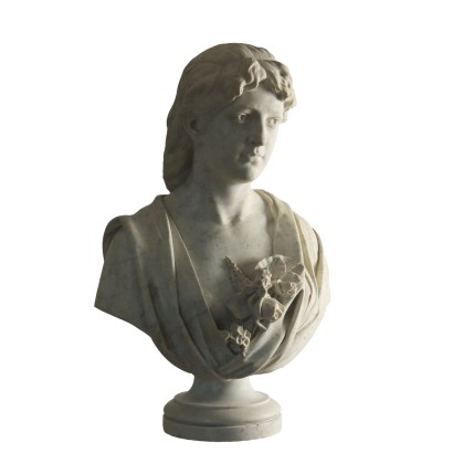Buste Ancien Féminin et Colonne Art-Nouveau Fin '800 Marble Blanc