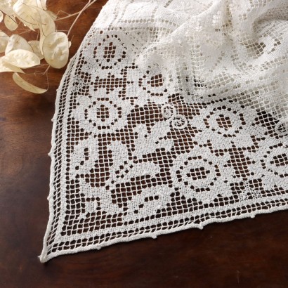 Antique Table Cloth '900 Embroidered Cotton White Filet