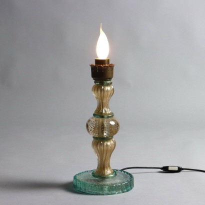Lampe de Table Vintage Années 50 Laiton Verre Soufflé Poudre d'Or