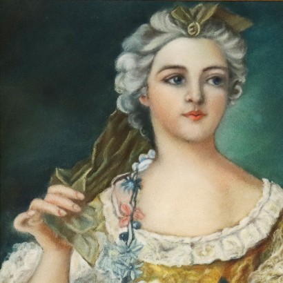 Tableau Ancien '800 Portrait d'une Jeune Dame Crayons sur Carton