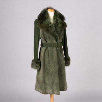 Manteau Vintage Taille M Années 70 Suède Vert Foncé Laine Ceinture
