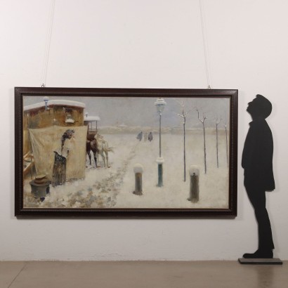 Großes Gemälde mit Verhaftungsszene in, Die Verhaftung, Großes Gemälde Aleardo Vill zugeschrieben, Winterszene, Aleardo Villa