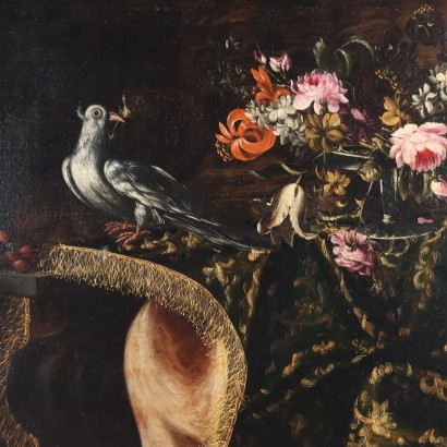 Antikes Gemälde Stilleben mit Blumen und Vögel Öl auf Leinwand