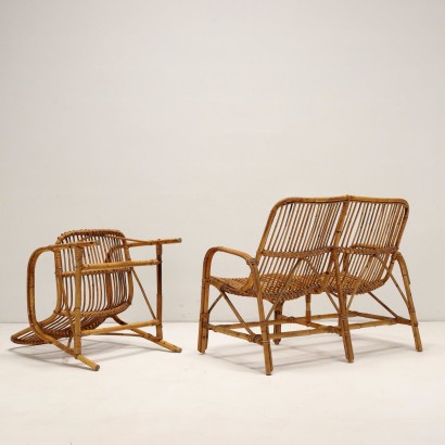 Sofa and pair of armchairs, Trio of Bamboo Seats from the 1950s to 1960s