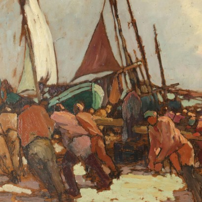 Tableau Ancien Navires et Pêcheurs Moitié du '900 Huile sur Carton