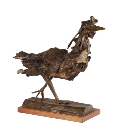 Antique Bronze Rooster by P. Maggioni Wooden Base Italy XX Century