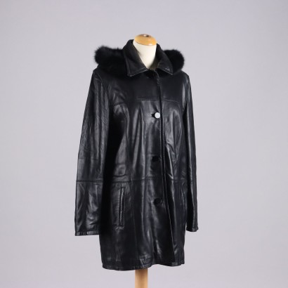Second Hand Coat by Conbipel UK Size 14 Black Leather Pockets