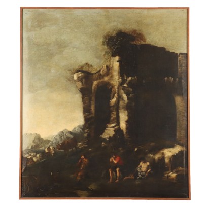 Landschaftsmalerei mit Ruinen und Figuren, Landschaftsmalerei mit Ruinen und Figuren