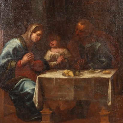 Peinture avec la Sainte Famille à table