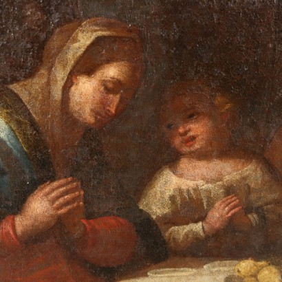 Peinture avec la Sainte Famille à table