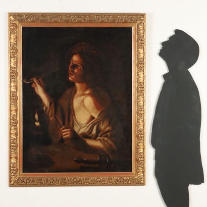 Gemälde eines jungen Mannes, der eine Pfeife anzündet