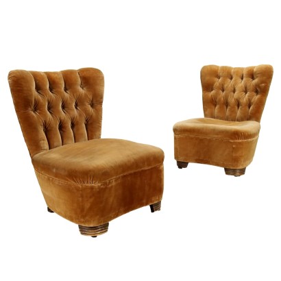 Pair of Vintage 1940s Armchairs Wood Velvet Italy