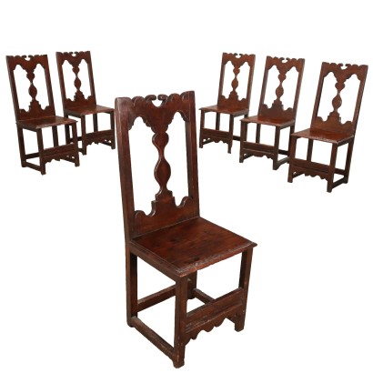 Group of 6 Antique Neo-Renaissance Chairs Chestnut Italy '800