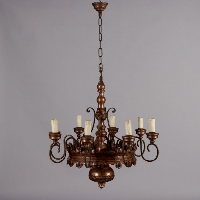 Antique 8 Light Chandelier Carved Wood Italy XX Century