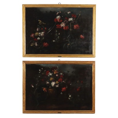 Pair of Antique Paintings Still Life Oil on Canvas XVIII Century