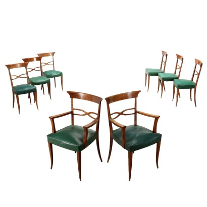 Group of 8 Vintage Chairs Leatherette Wood Italy 1950s