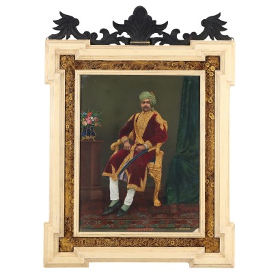 Antique Painting Portrait of an Indian Raja Oil on Paper XX Century