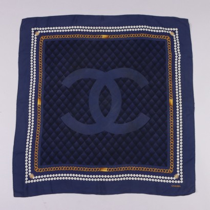 Foulard Vintage Chanel en Pure Soie Bleue France