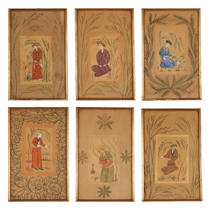 Grupo de seis miniaturas iraníes pintadas.