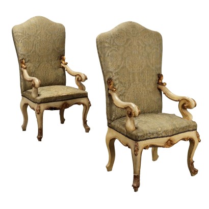 Pair of Antique Eclectic Armchairs Lacquered Wood Italy XIX Century