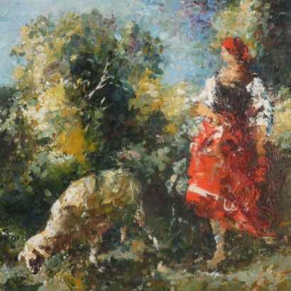Painting by Mario Pobbiati, Landscape with shepherdess, Mario Pobbiati, Mario Pobbiati, Mario Pobbiati