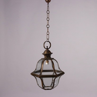 Antique Lantern Metal Glass Inserts Italy XX Century