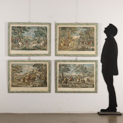 Gruppe von vier Radierungen aus dem 18. Jahrhundert, Gruppe von vier Kupferstichen mit Szenen
