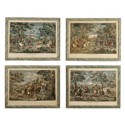 Gruppe von vier Radierungen aus dem 18. Jahrhundert, Gruppe von vier Kupferstichen mit Szenen