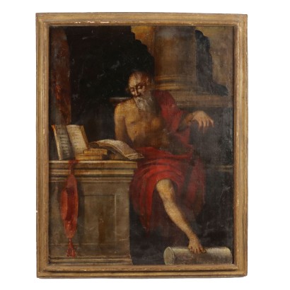 Antikes Gemälde mit Heiligen Subjekt Öl auf Leinwand des XVII Jhs