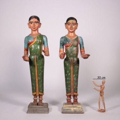 Pair of Statues of Asian Figures Exotic Wood India 20th century