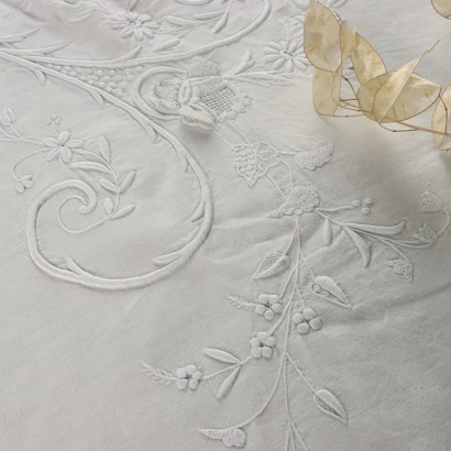 Queen Size Ebroidered Bed Sheet Linen Bobbin Lace End Of 19th Century