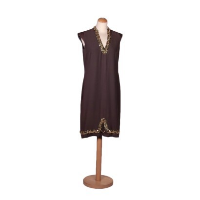 Vintage Brown Silk Dress With Sequins Size 14 Italy 1960s-1970s