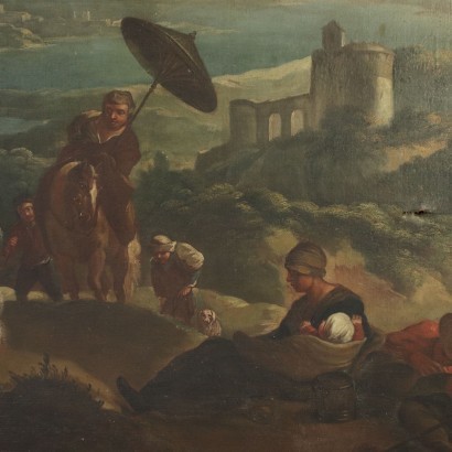 Landscape With Figures And Knights Oil On Canvas 18th Century