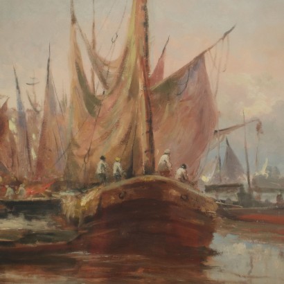 Harbour Glimpse Oil on Canvas 20th Century
