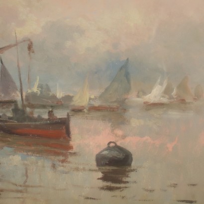 Harbour Glimpse Oil on Canvas 20th Century