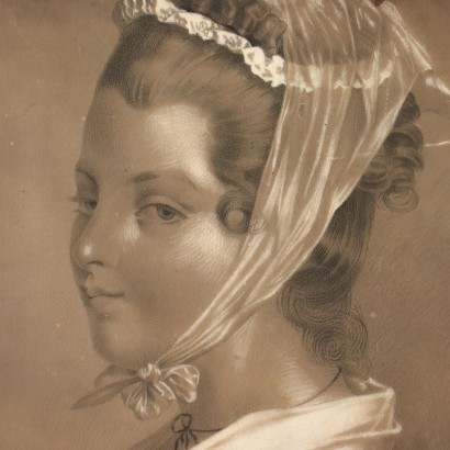 Portrait Of A Young Woman Pencil Charcoal White Lead 19th Century